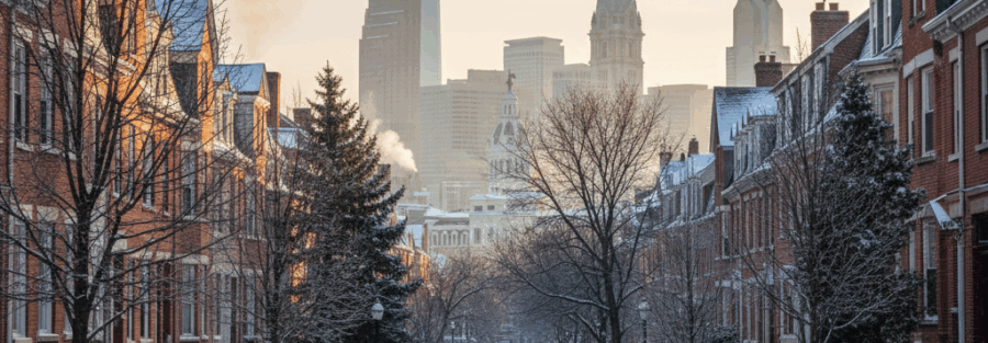 Philadelphia rowhomes with light snow on rooftops and the city skyline in the distance on a winter day.