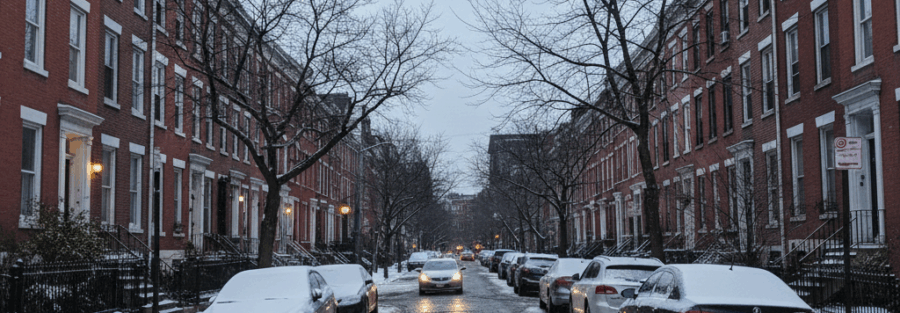 Cars driving and parked along a narrow Philadelphia residential street lined with rowhomes in light winter snow