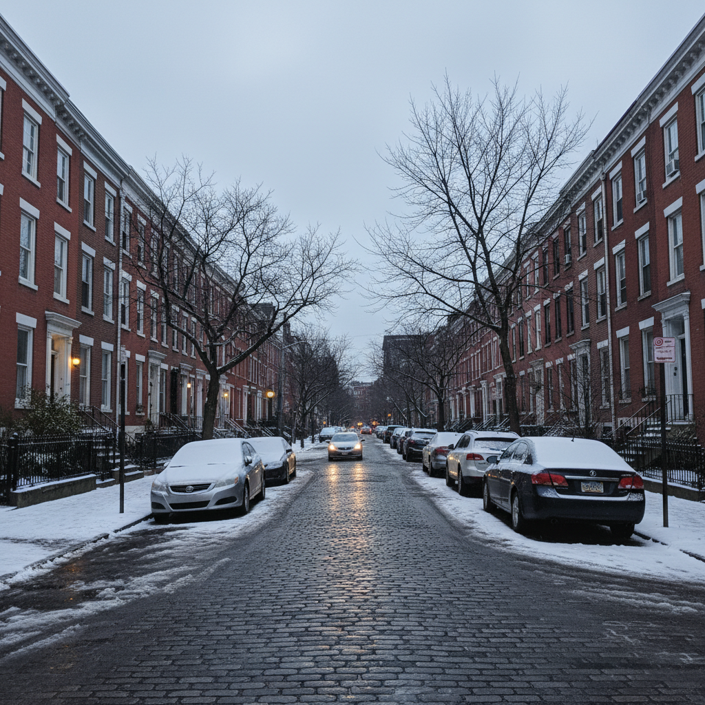 Cars driving and parked along a narrow Philadelphia residential street lined with rowhomes in light winter snow