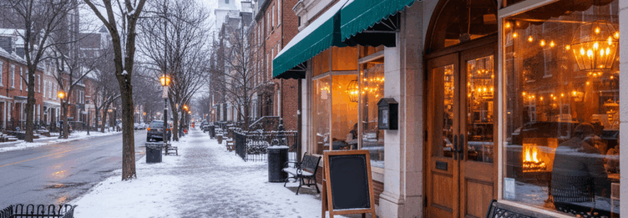 Small business storefront on a Philadelphia city street with light snow on the sidewalk and awning and warm interior lights in winter.