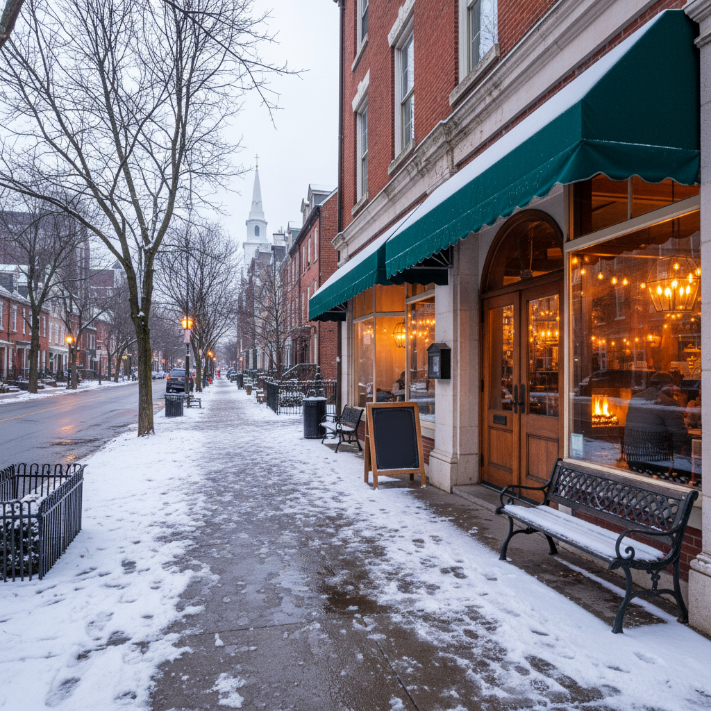 Small business storefront on a Philadelphia city street with light snow on the sidewalk and awning and warm interior lights in winter.