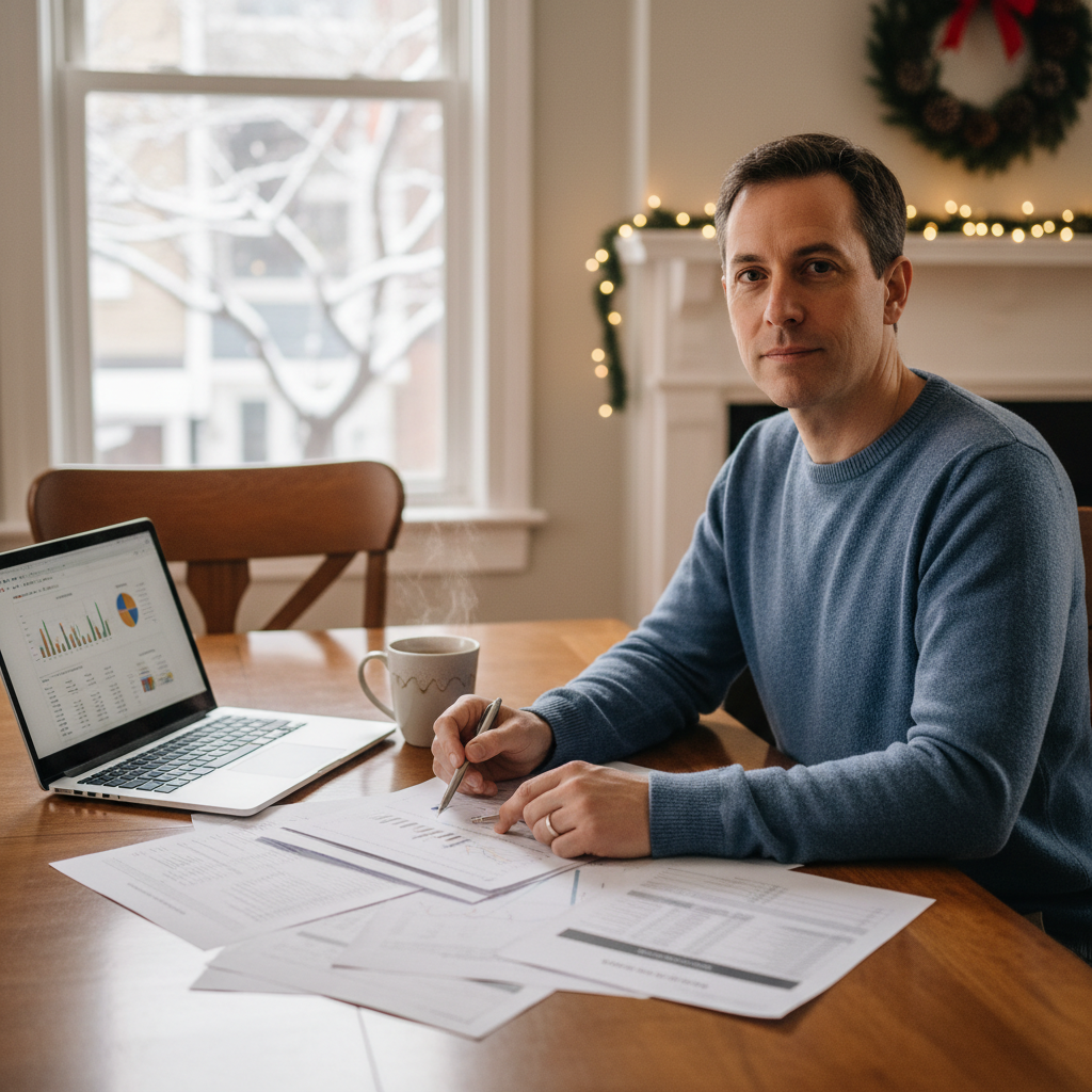 Person in a Philadelphia home sitting at a table with a laptop and papers, reviewing documents during a winter day