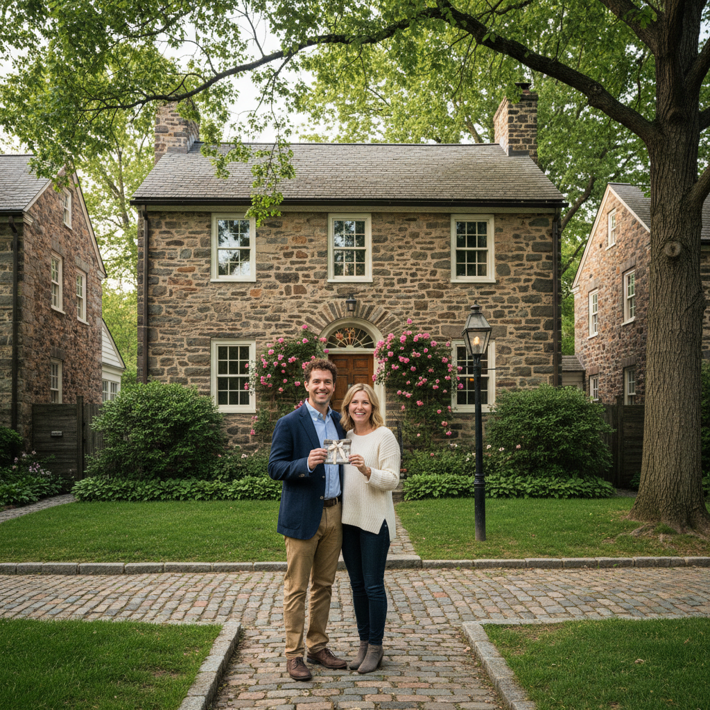 Smiling couple standing in front of a historic stone home in Chestnut Hill, Philadelphia, holding keys as new homeowners