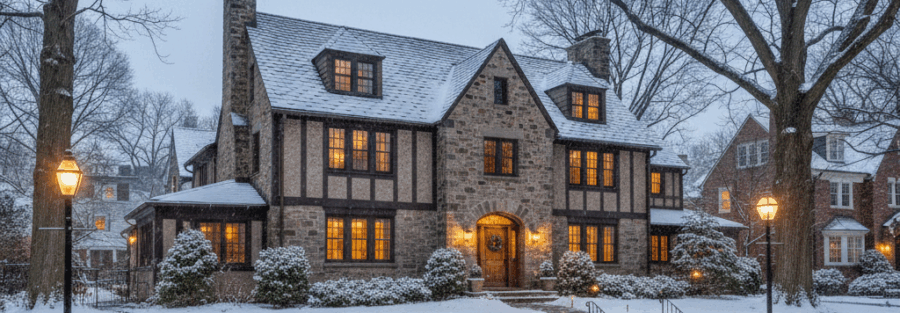 Historic stone home in Chestnut Hill, Philadelphia, with light snow on the roof and yard in winter