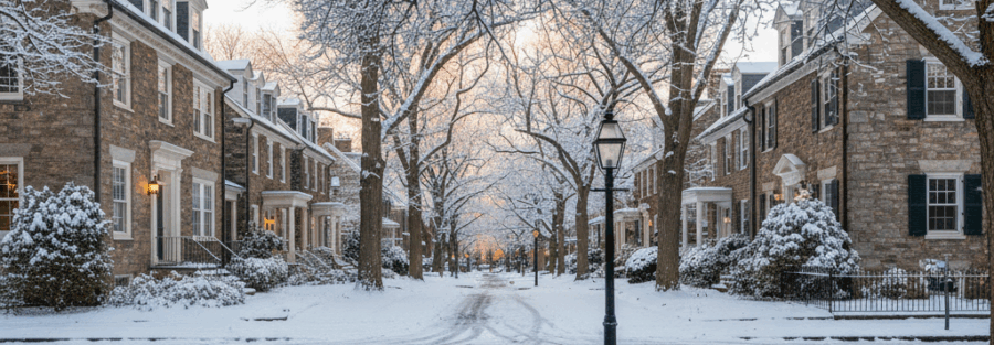 Historic stone homes and trees along a Chestnut Hill, Philadelphia street after a light winter snowstorm