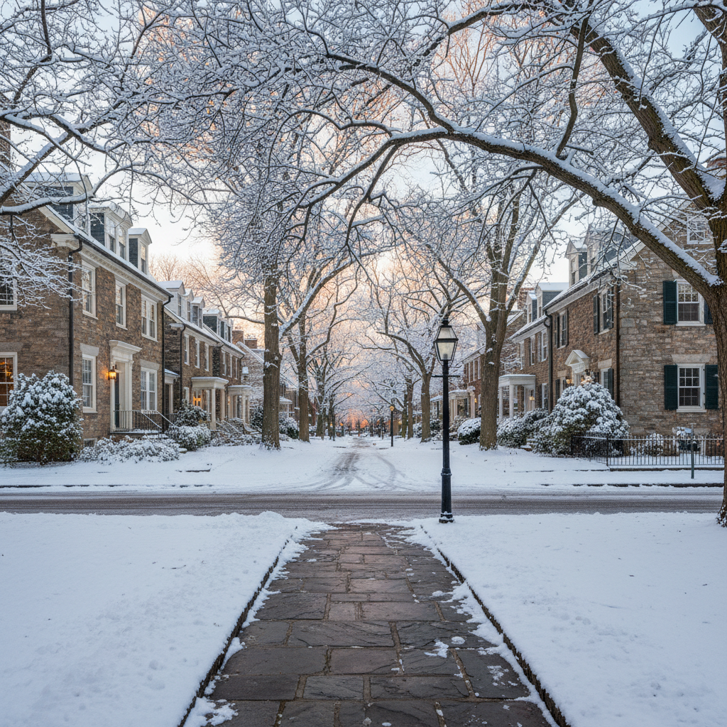 Historic stone homes and trees along a Chestnut Hill, Philadelphia street after a light winter snowstorm