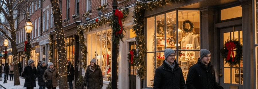Historic storefronts and shoppers on a winter street with light holiday decorations in Chestnut Hill, Philadelphia