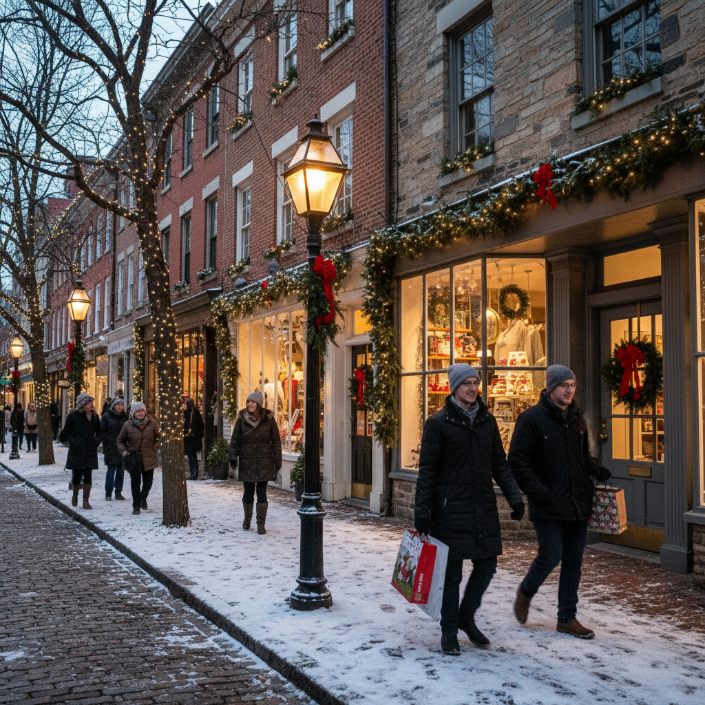 Historic storefronts and shoppers on a winter street with light holiday decorations in Chestnut Hill, Philadelphia