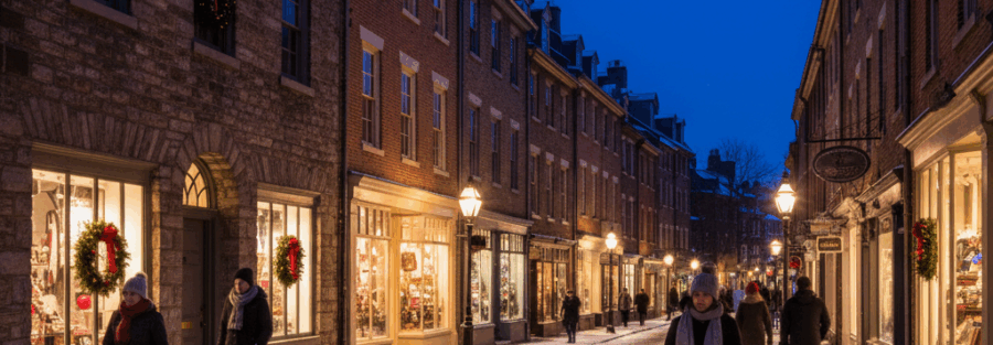 Winter evening on a Chestnut Hill, Philadelphia shopping street with historic storefronts, warm lights, and light holiday decorations
