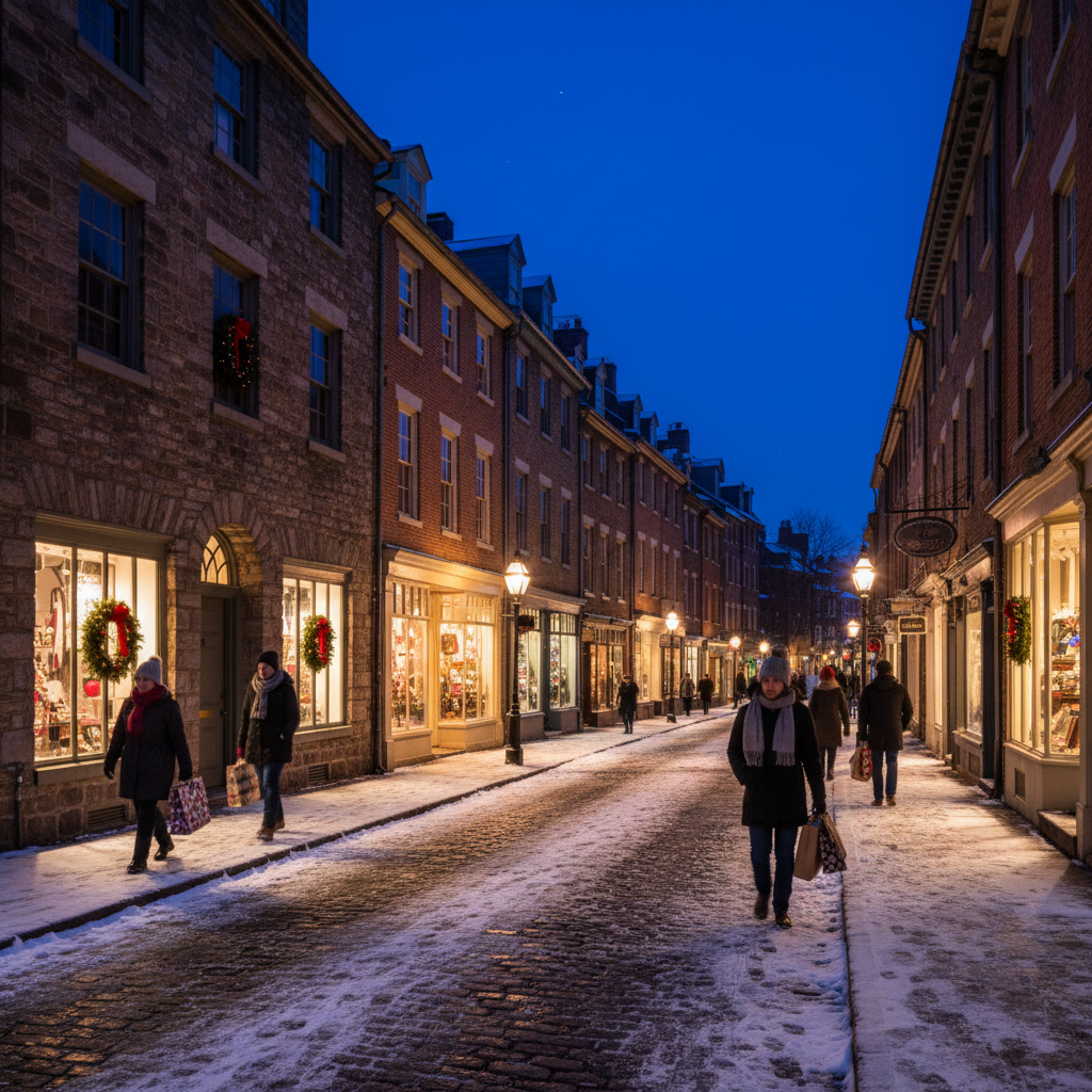 Winter evening on a Chestnut Hill, Philadelphia shopping street with historic storefronts, warm lights, and light holiday decorations