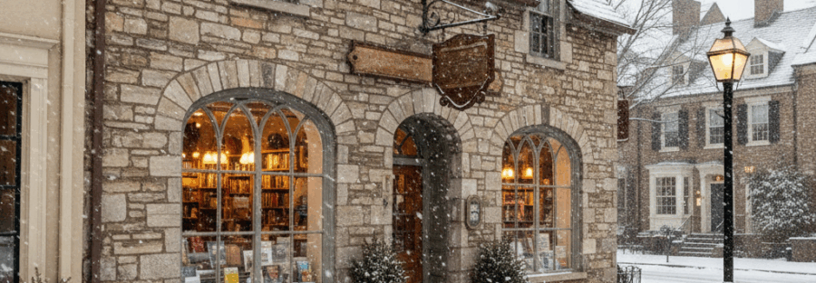 Small business storefront in Chestnut Hill, Philadelphia, with light snow on the ground and warm interior lights in winter