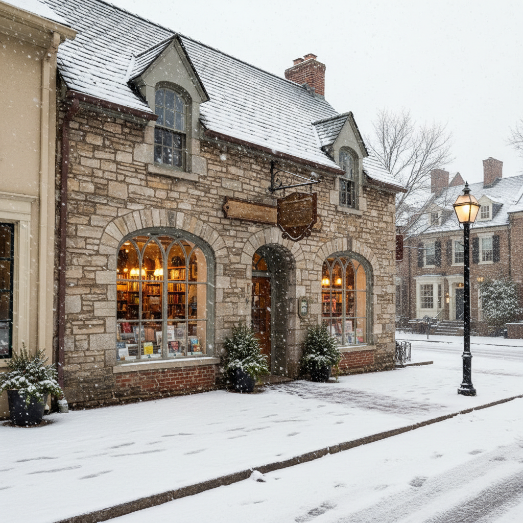 Small business storefront in Chestnut Hill, Philadelphia, with light snow on the ground and warm interior lights in winter
