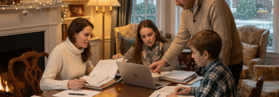 Family in Chestnut Hill, Philadelphia sitting at a table reviewing papers and a laptop together during a cozy winter evening