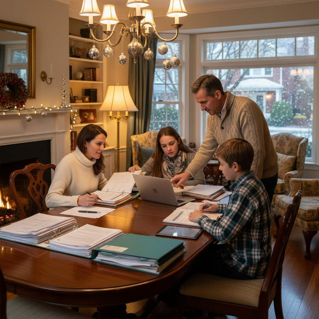 Family in Chestnut Hill, Philadelphia sitting at a table reviewing papers and a laptop together during a cozy winter evening