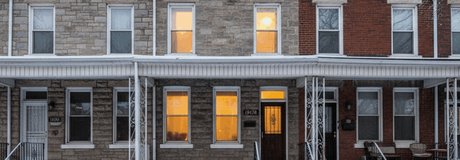 Fronts of Roxborough/Manayunk-style rowhomes with light snow on steps and porches and warm interior lights in winter.