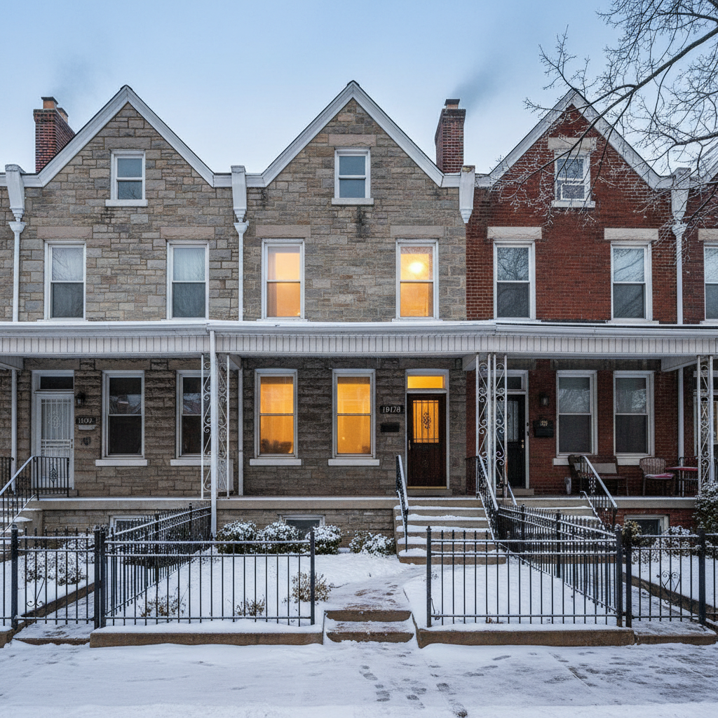 Fronts of Roxborough/Manayunk-style rowhomes with light snow on steps and porches and warm interior lights in winter.