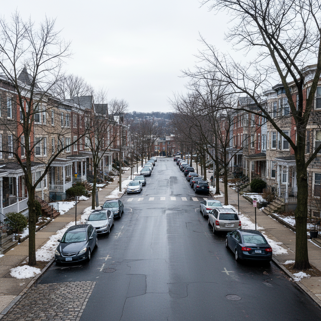 Cars driving and parked along a hilly residential street in Roxborough/Manayunk with Philadelphia-style rowhomes in light winter conditions.