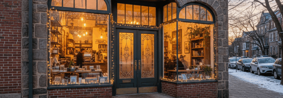 Small business storefront on a hilly Roxborough/Manayunk street with light snow on the sidewalk and warm interior lights in winter.