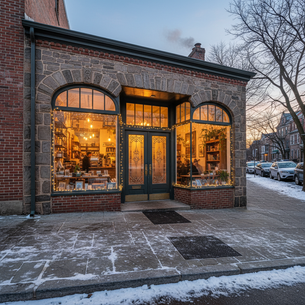 Small business storefront on a hilly Roxborough/Manayunk street with light snow on the sidewalk and warm interior lights in winter.