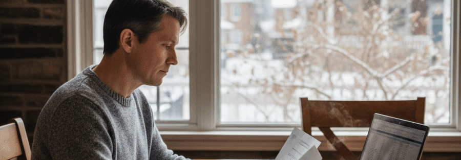 “Adult sitting at a table in a Roxborough/Manayunk home with a laptop and papers, reviewing insurance documents on a winter day.
