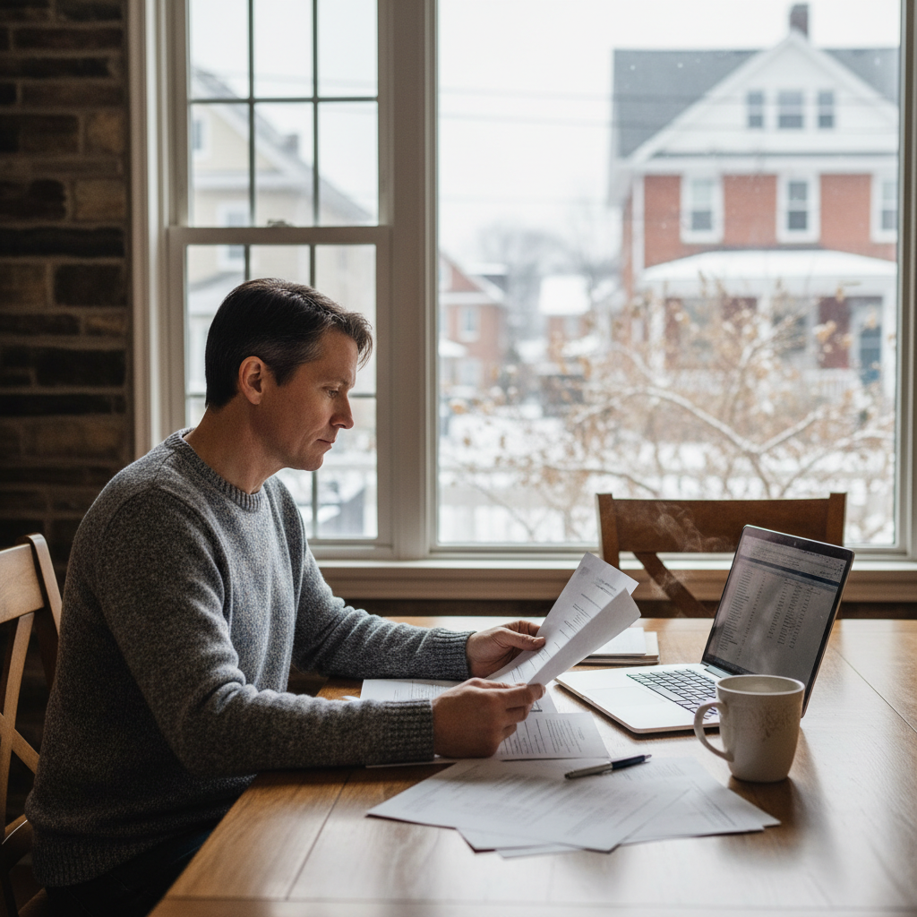 “Adult sitting at a table in a Roxborough/Manayunk home with a laptop and papers, reviewing insurance documents on a winter day.