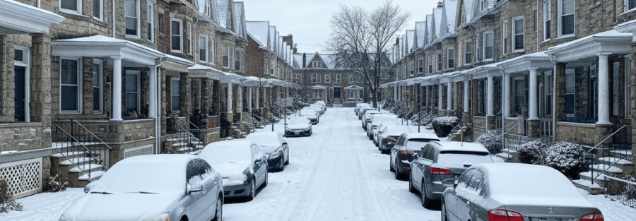 Residential street in Roxborough/Manayunk with Philadelphia-style rowhomes and light snow on the ground and rooftops in winte