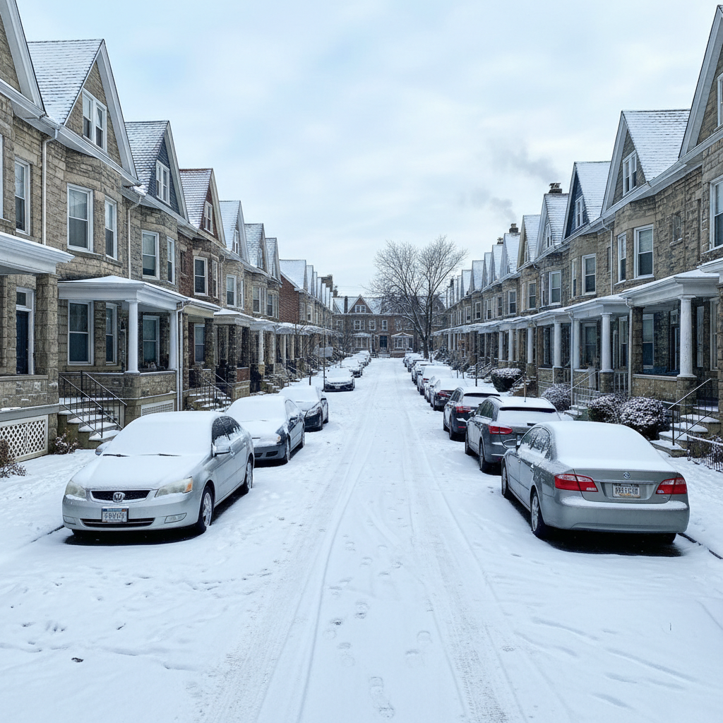 Residential street in Roxborough/Manayunk with Philadelphia-style rowhomes and light snow on the ground and rooftops in winte