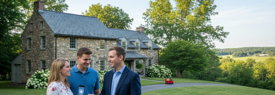 Chester County PA stone home and green landscape on a sunny morning as a friendly insurance agent reviews homeowners coverage with a couple holding documents, highlighting local home protection.