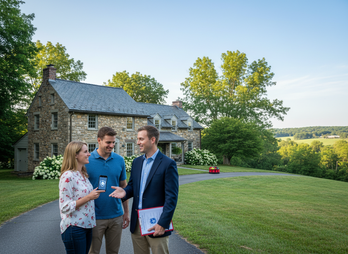 Chester County PA stone home and green landscape on a sunny morning as a friendly insurance agent reviews homeowners coverage with a couple holding documents, highlighting local home protection.