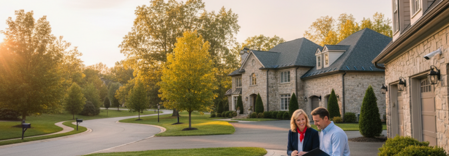 Fox Chapel PA upscale neighborhood at sunset as a friendly insurance agent reviews a homeowners policy with a couple outside their home, highlighting high-value home protection and liability coverage.