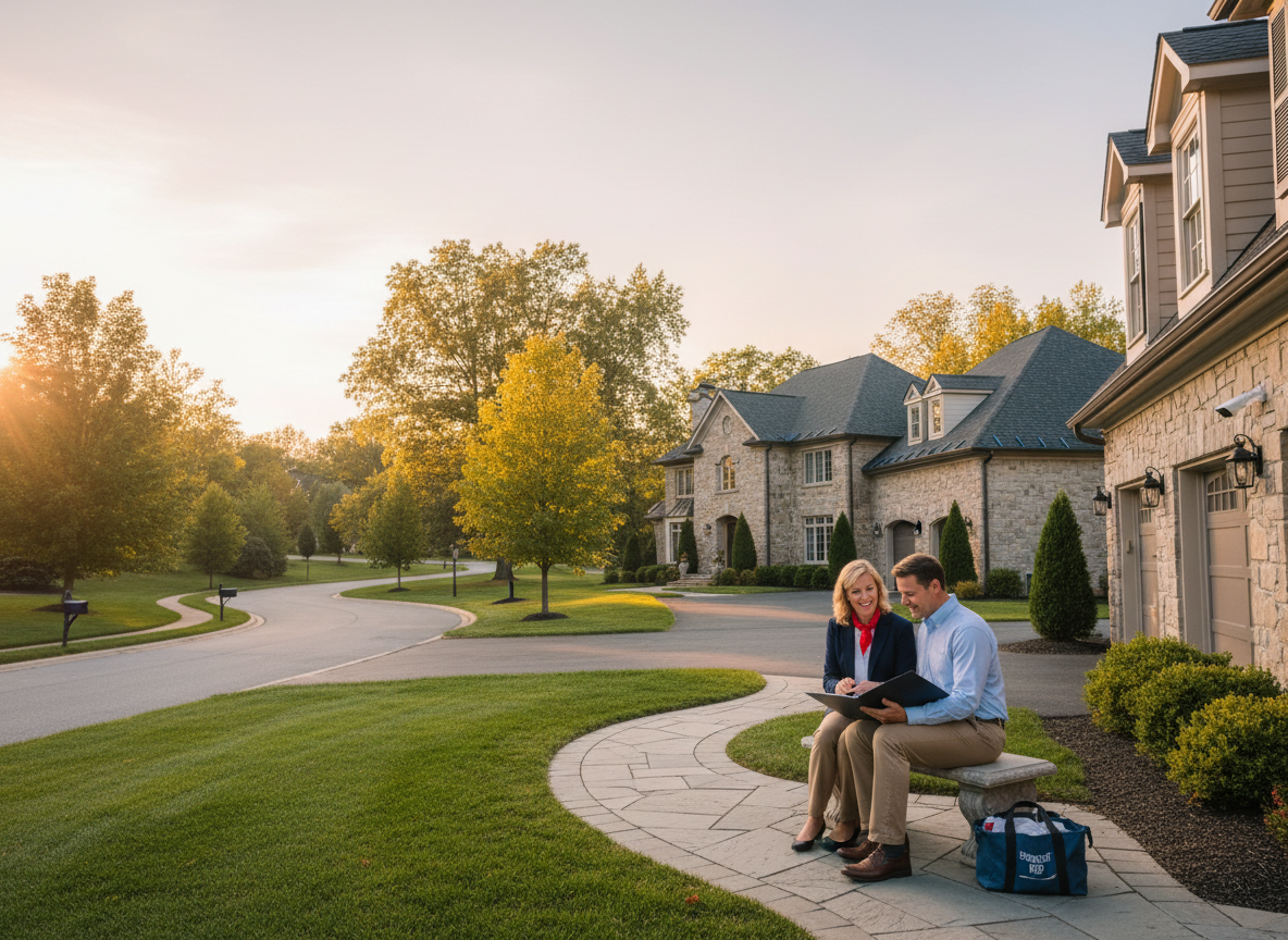Fox Chapel PA upscale neighborhood at sunset as a friendly insurance agent reviews a homeowners policy with a couple outside their home, highlighting high-value home protection and liability coverage.