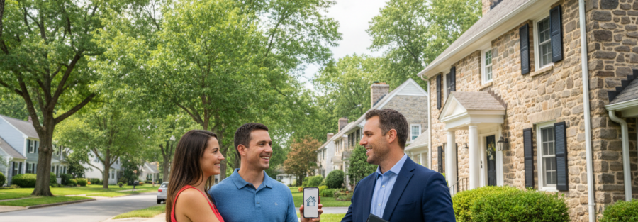 Lafayette Hill PA suburban home on a sunny day as a friendly insurance agent shakes hands with a homeowner couple holding policy documents, highlighting local homeowners insurance coverage and preparedness
