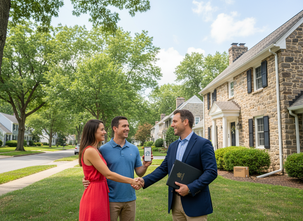Lafayette Hill PA suburban home on a sunny day as a friendly insurance agent shakes hands with a homeowner couple holding policy documents, highlighting local homeowners insurance coverage and preparedness