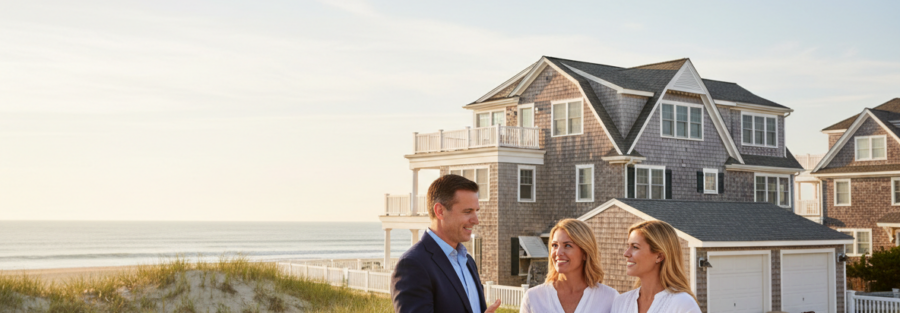 Ocean City NJ beach neighborhood on a sunny morning with an insurance agent reviewing coverage with a homeowner couple, dunes and ocean in the background, and storm-prep details like shutters, sandbags, and an emergency kit.