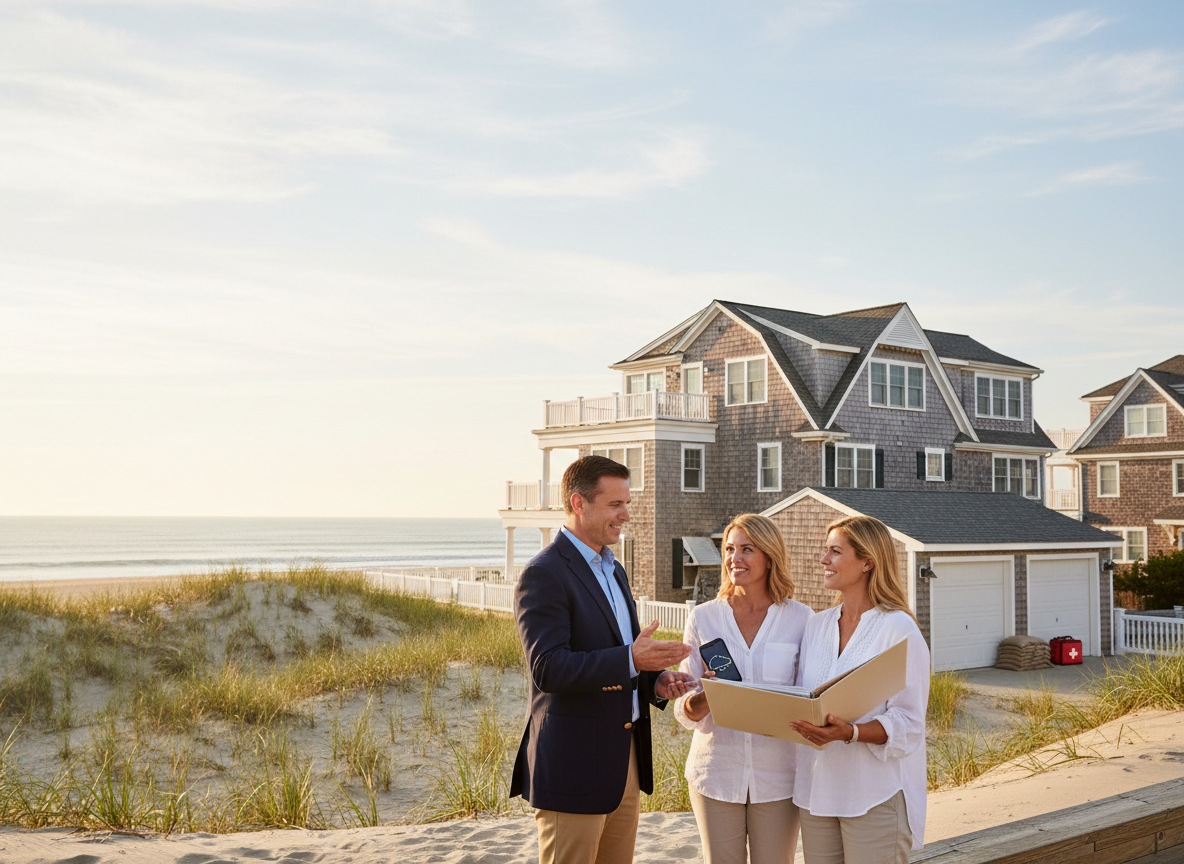 Ocean City NJ beach neighborhood on a sunny morning with an insurance agent reviewing coverage with a homeowner couple, dunes and ocean in the background, and storm-prep details like shutters, sandbags, and an emergency kit.