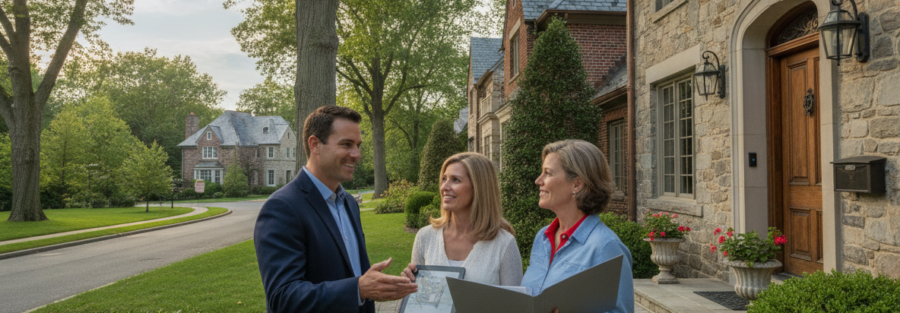 Sewickley Heights PA neighborhood with a large home and mature trees on a sunny morning as an insurance agent reviews homeowners coverage with a couple holding documents, highlighting high-value home protection.