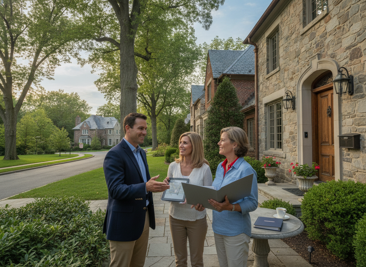 Sewickley Heights PA neighborhood with a large home and mature trees on a sunny morning as an insurance agent reviews homeowners coverage with a couple holding documents, highlighting high-value home protection.