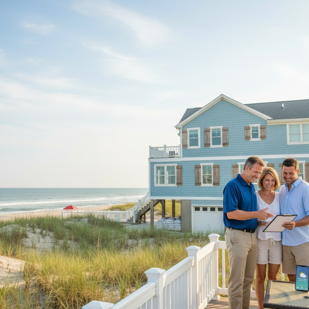 North Wildwood NJ coastal neighborhood on a sunny morning with an insurance agent reviewing a clipboard with a couple, ocean and dunes in the background, and subtle storm-prep details like sandbags and shutters.