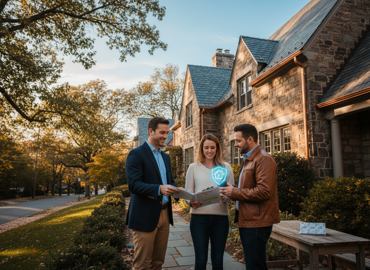 Chestnut Hill Philadelphia stone home on a leafy street as a friendly insurance agent reviews homeowners coverage with a couple holding policy documents, highlighting high-value home protection.