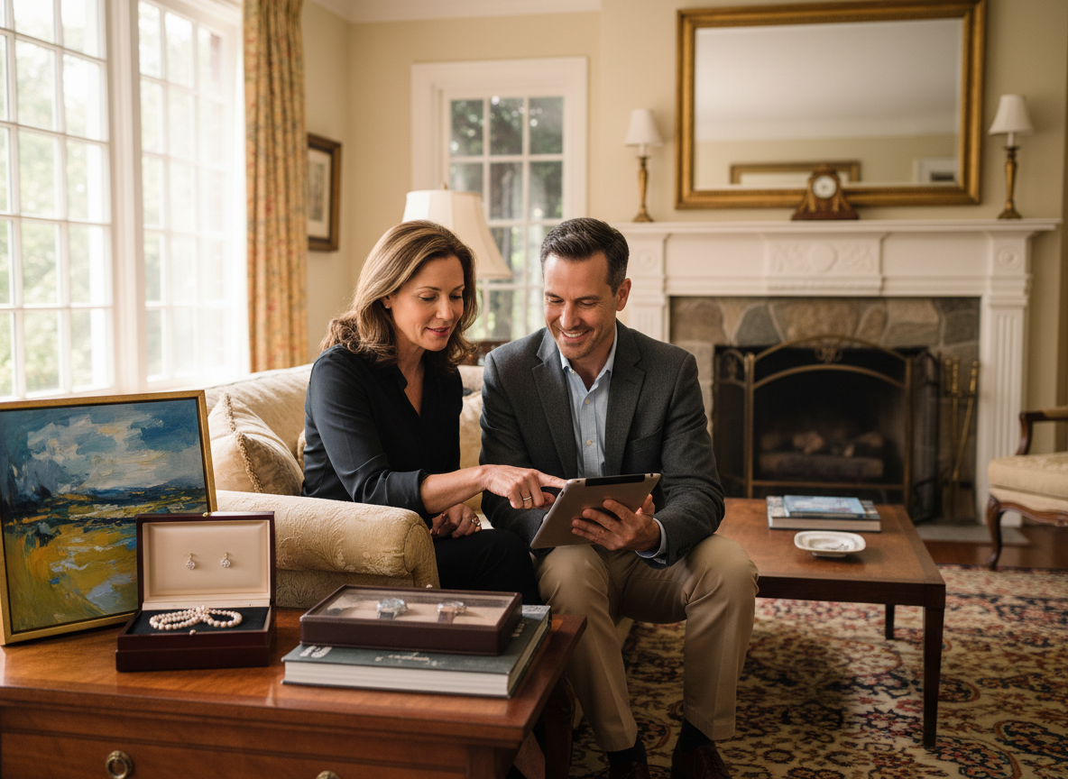 Chestnut Hill PA homeowner and insurance agent reviewing an appraisal beside a jewelry box, watch case, and framed artwork, illustrating valuables insurance.