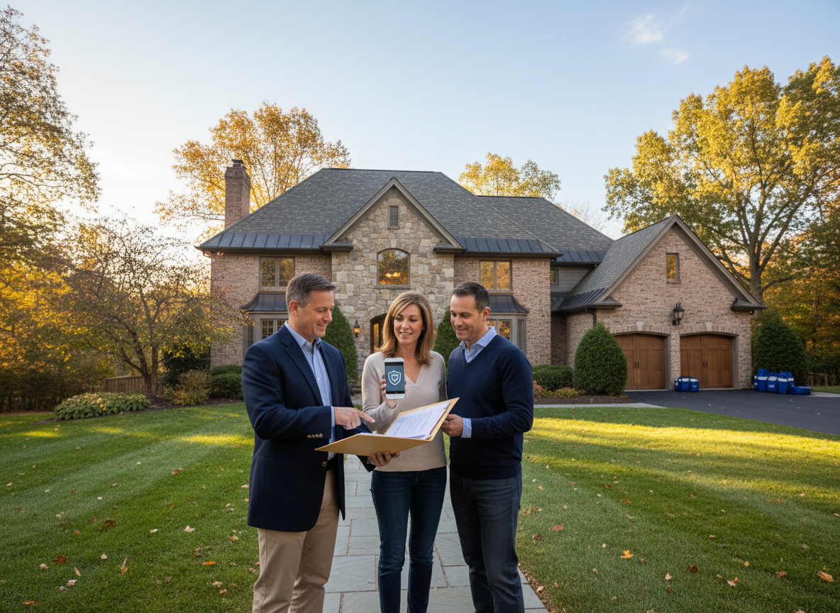 Fox Chapel PA upscale home on a leafy street as a friendly insurance agent reviews homeowners coverage with a couple holding policy documents, highlighting high-value home protection and liability coverage.