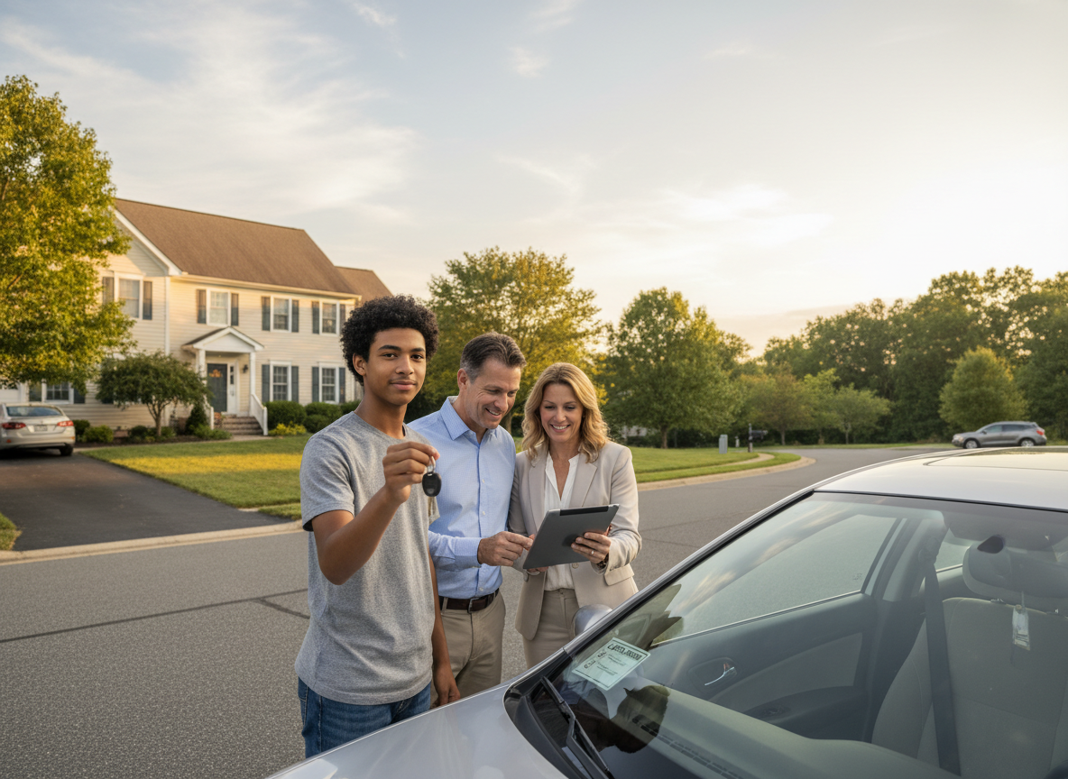 Fox Chapel PA driveway at sunset with a teen holding car keys as a parent and insurance agent review auto coverage options on a tablet, highlighting teen driver insurance. html