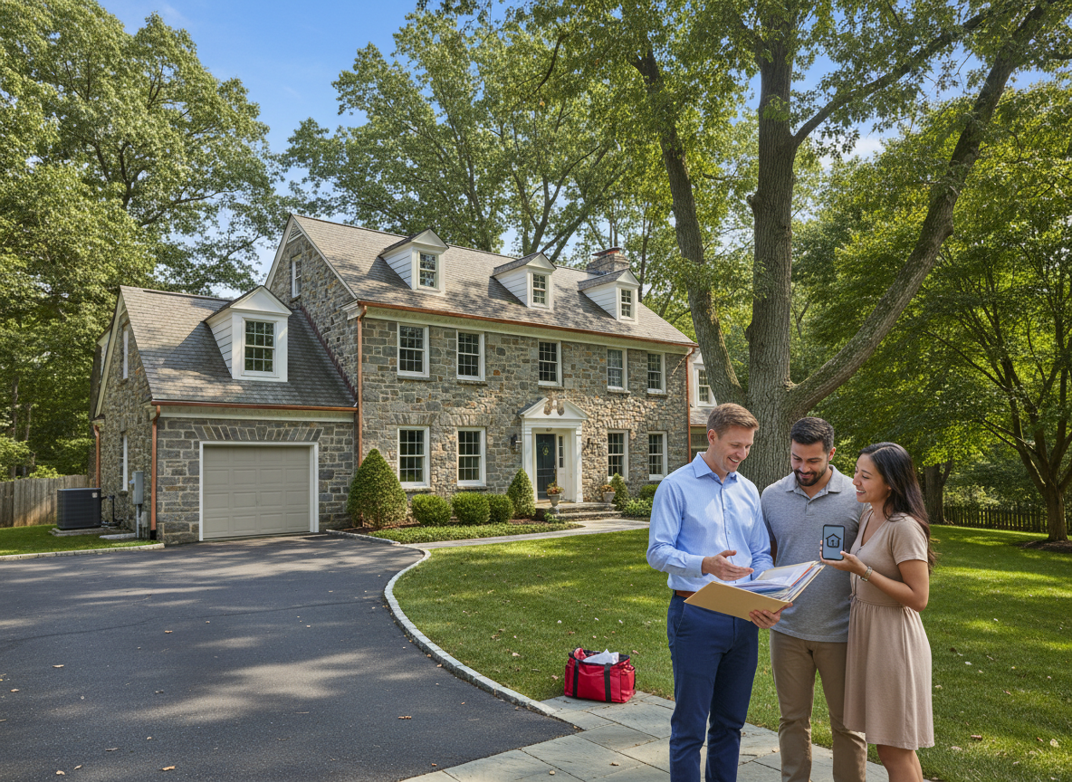 Lafayette Hill PA stone colonial home on a sunny afternoon as a friendly insurance agent reviews homeowners coverage with a couple holding policy documents, highlighting replacement cost and water backup protection