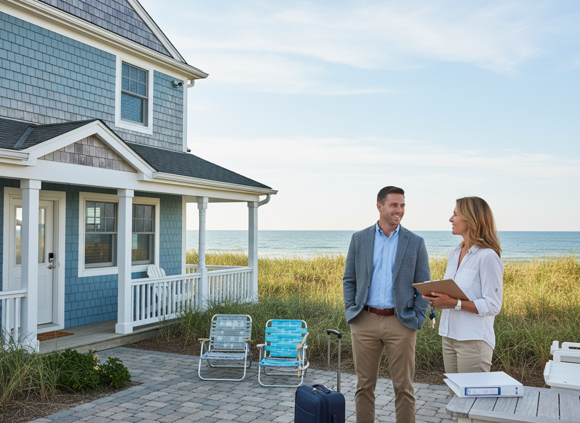 Ocean City NJ shore rental home near the beach as an insurance agent reviews landlord coverage with a property owner holding keys and a clipboard, with beach gear nearby suggesting weekly renters.