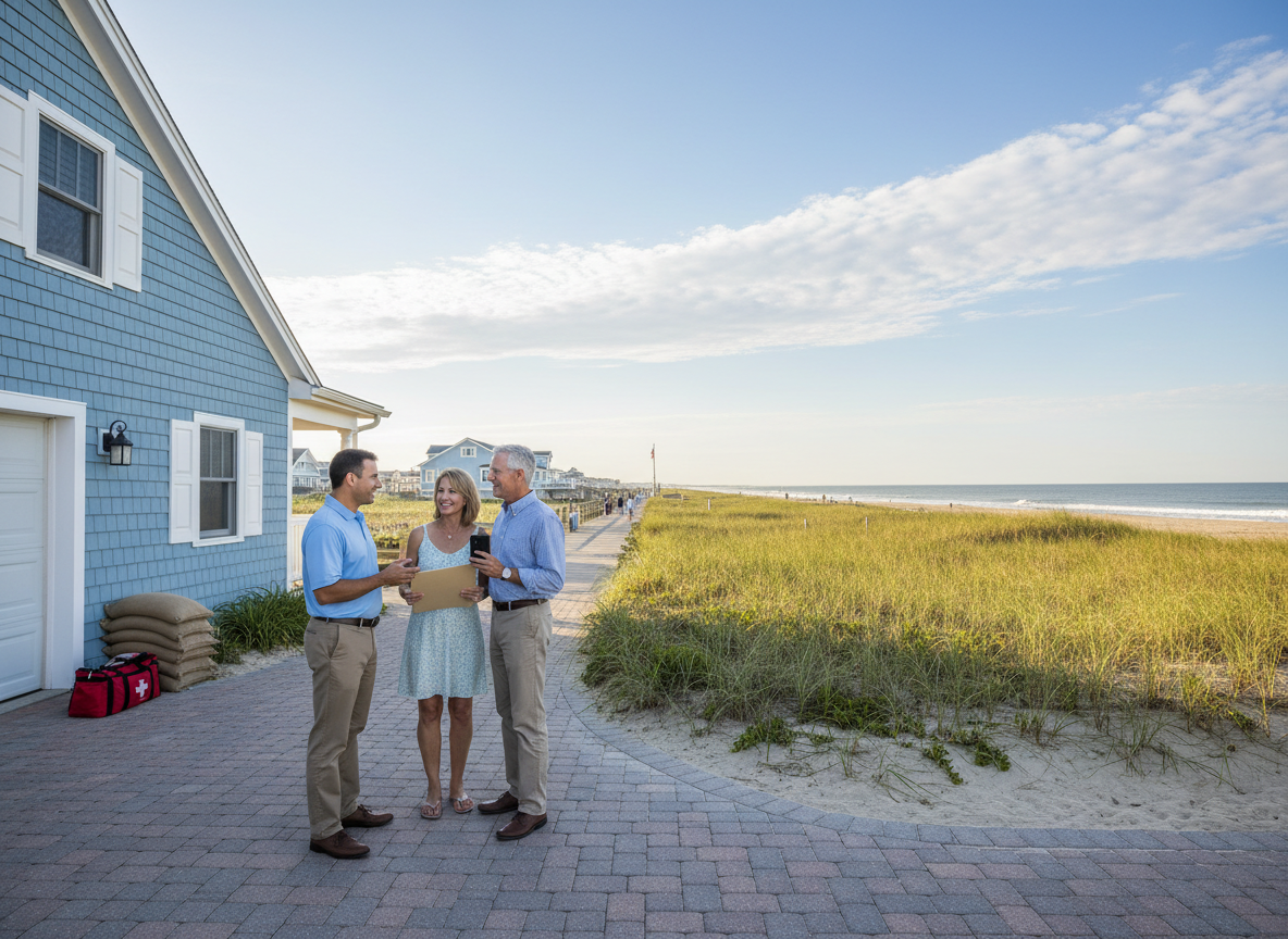 Ocean City NJ shore homes near the boardwalk on a sunny morning as an insurance agent reviews flood and homeowners coverage with a couple holding documents, with storm shutters and sandbags in the background.