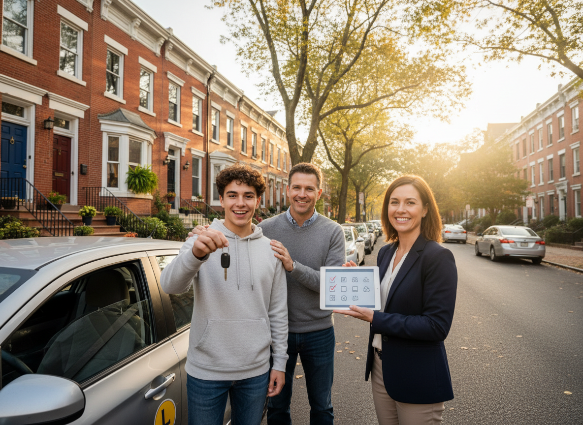New driver in Philadelphia holding car keys beside a compact car as a parent and insurance agent review a coverage checklist on a tablet on a rowhome-lined city street.