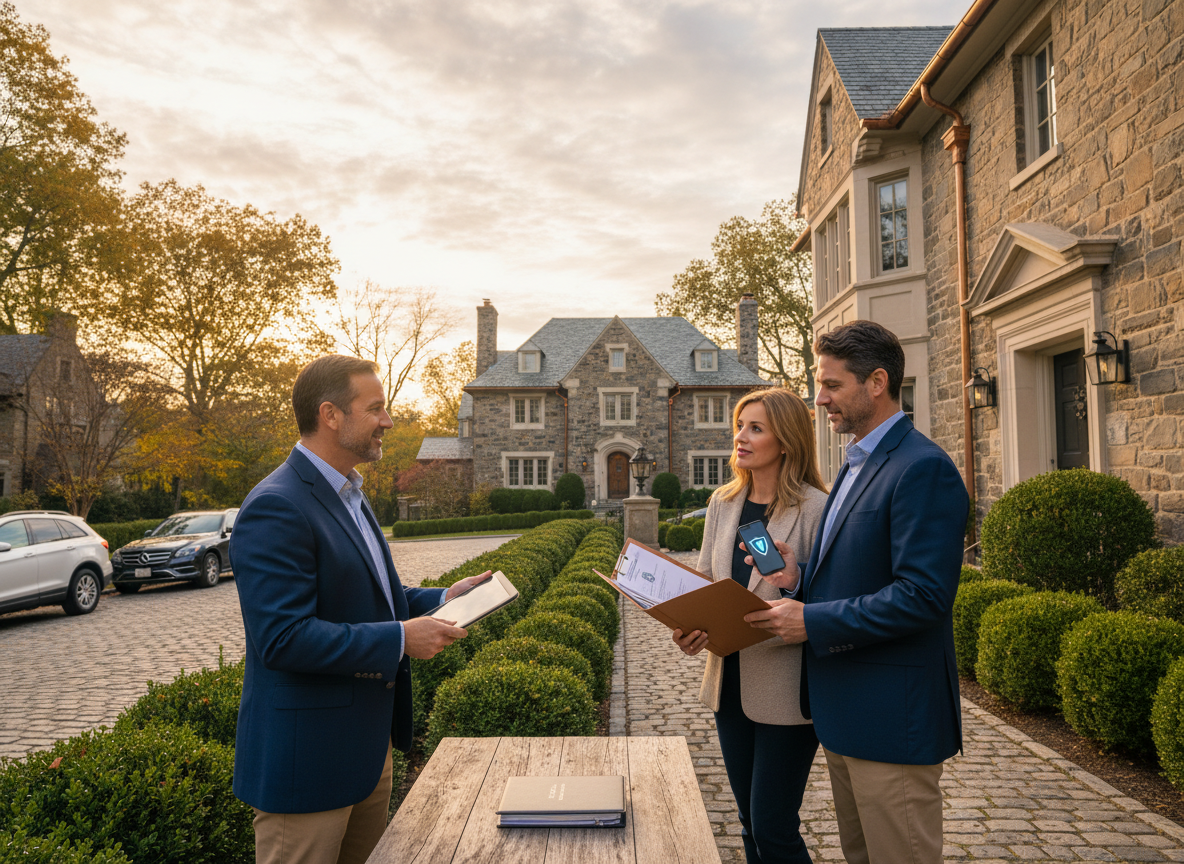 Sewickley Heights PA historic home on a leafy street as a friendly insurance agent reviews homeowners coverage with a couple holding policy documents, highlighting high-value home protection.