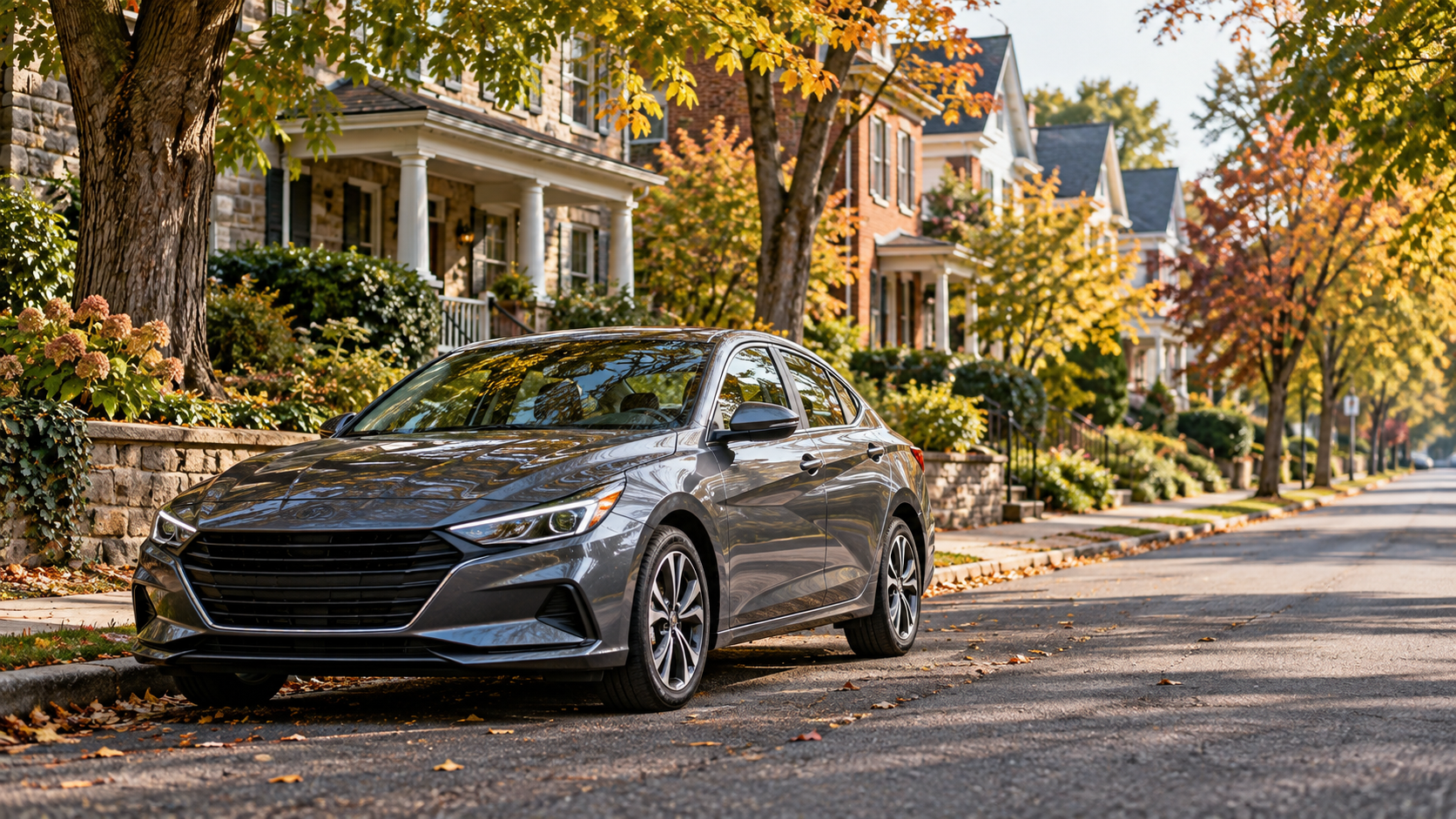 Passenger car parked on a tree-lined residential street, illustrating Allentown auto coverage choices