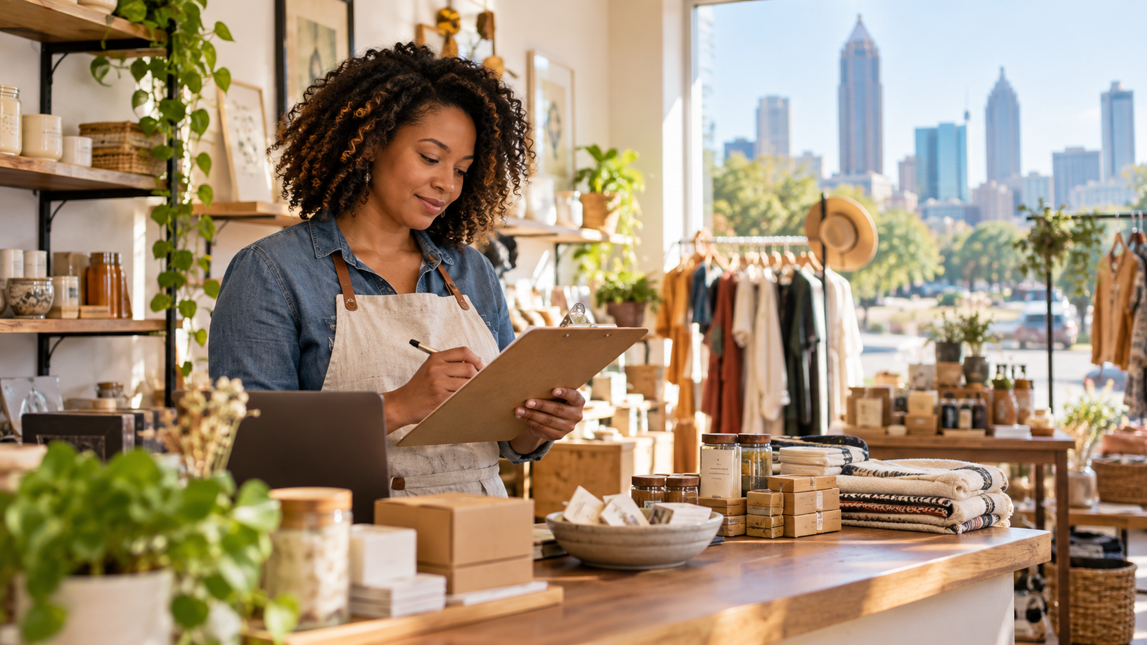Small business owner reviewing inventory and operations in a retail shop
