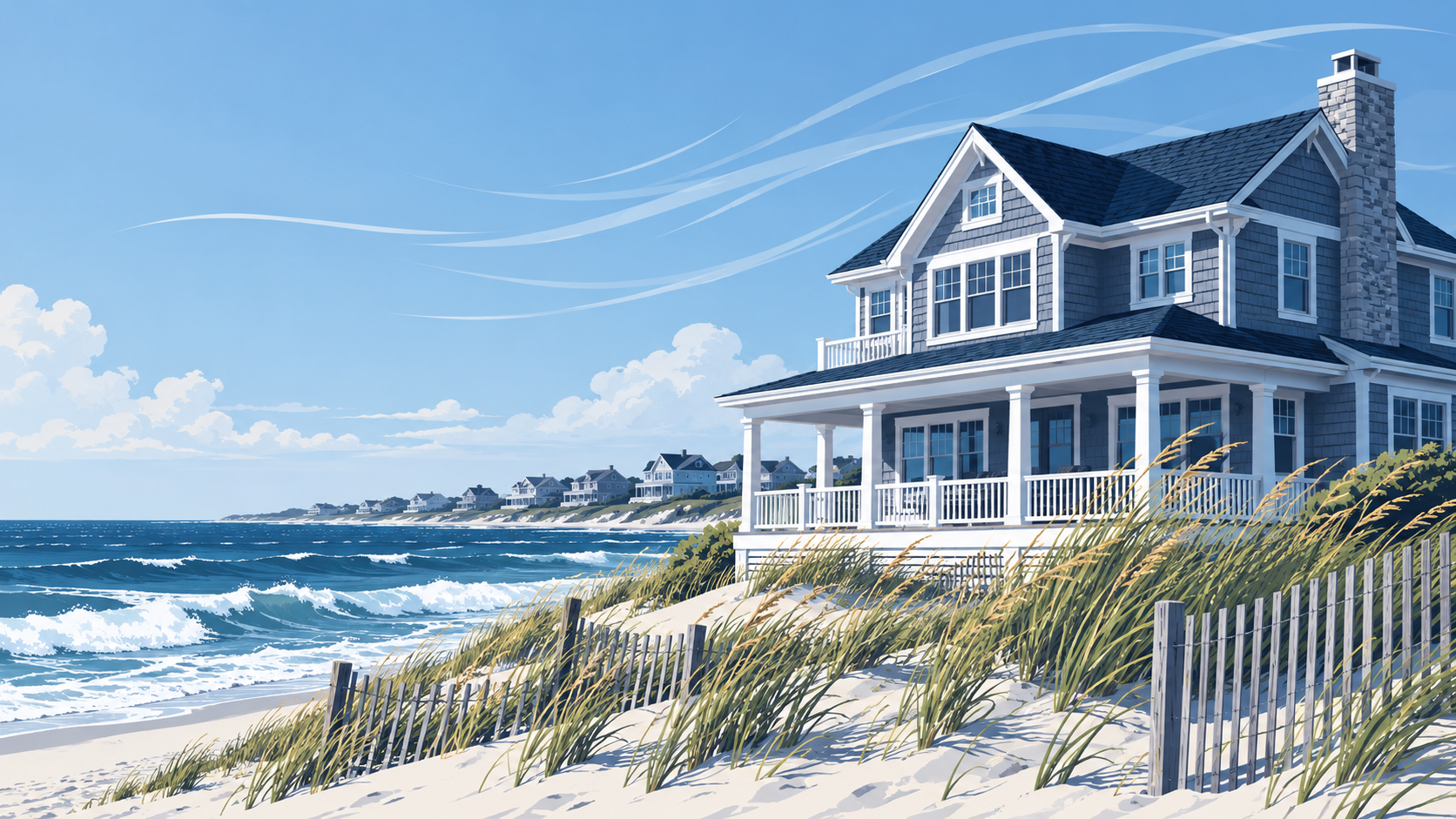 Illustration of a coastal New Jersey home during windy weather for a shore property insurance review